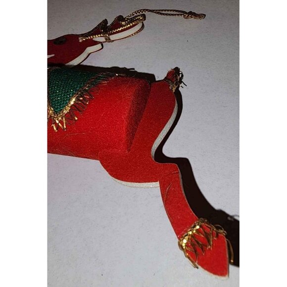 Vintage Red Reindeer Christmas Ornament With Gold Accents & Green Saddle AX - Picture 2 of 9